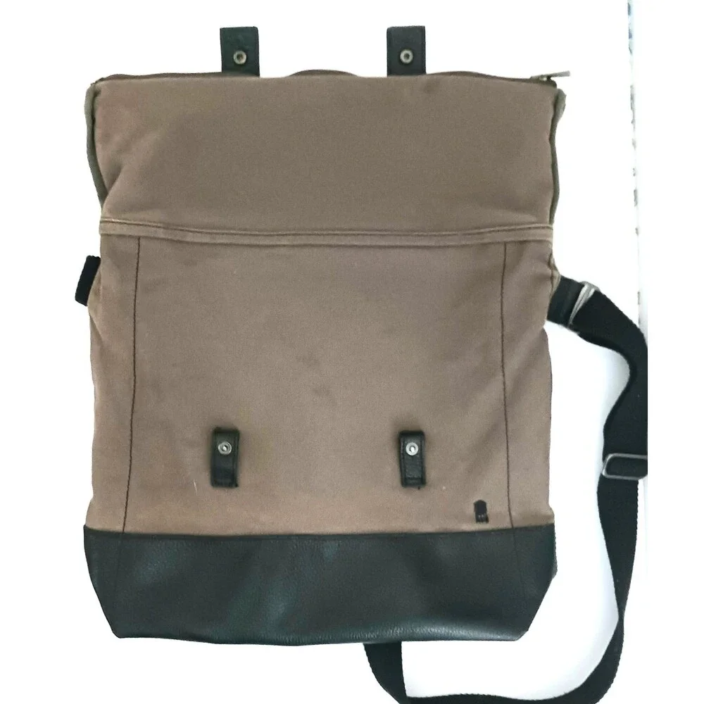 Brooklyn Industries Brown Canvas Messenger Bag Blk Pebble Grain Leather Unisex
